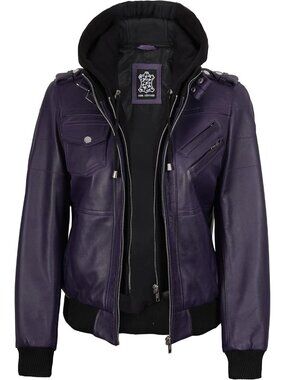 Women’s Purple Leather Bomber Jacket Detachable Hood Casual Stylish Coat